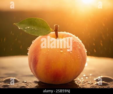 Pêche, fruit, macro, portrait. Pêche fraîche avec des gouttes d'eau. Pêche avec des gouttes d'eau en contre-jour du soleil. Banque D'Images