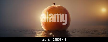 Pêche, fruit, macro, portrait. Pêche fraîche avec des gouttes d'eau. Pêche avec des gouttes d'eau en contre-jour du soleil. Banque D'Images