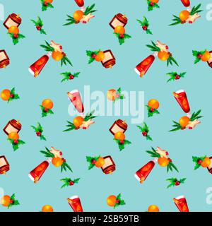 Décor de Noël festif avec vin chaud, biscuits, feuilles de houx, oranges et branches de sapin sur fond bleu. Un motif aquarelle sans couture pour gif Banque D'Images