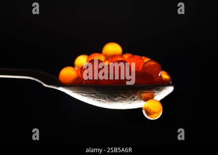 Plan macro de caviar rouge dans une cuillère en métal sur fond noir. Photographie culinaire Banque D'Images