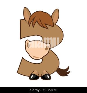 Drôle de personnage cheval numéro 3, figure trois. Dessin animé de nombre avec un concept animal. Calligraphie, lettrage, typographie pour vos cartes Education ou Illustration de Vecteur