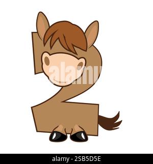 Drôle de personnage cheval numéro 2, figure deux. Dessin animé de nombre avec un concept animal. Calligraphie, lettrage, typographie pour vos cartes Education ou Illustration de Vecteur