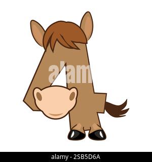 Drôle de personnage cheval numéro 4, chiffre quatre. Dessin animé de nombre avec un concept animal. Calligraphie, lettrage, typographie pour vos cartes Education ou Illustration de Vecteur