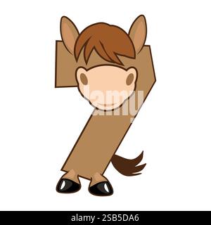 Drôle de personnage cheval numéro 7, chiffre sept. Dessin animé de nombre avec un concept animal. Calligraphie, lettrage, typographie pour vos cartes Education ou Illustration de Vecteur