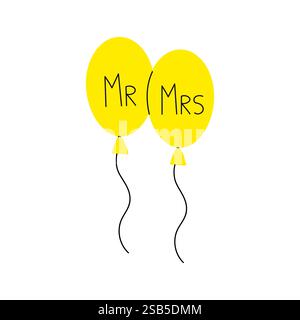 Deux ballons jaunes avec Mr et Mrs écrits dessus sont attachés ensemble et flottent dans les airs. Illustration de Vecteur