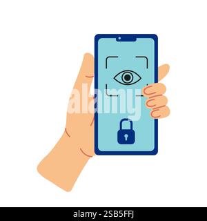 Une main tient un smartphone avec une fonction de balayage des yeux sur l'écran. Une icône de verrouillage s'affiche également à l'écran, indiquant que le téléphone est verrouillé Illustration de Vecteur