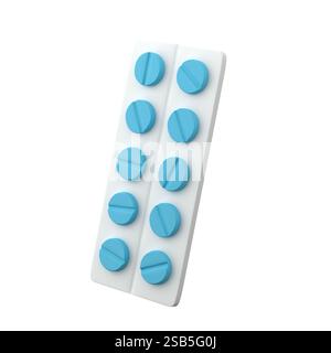Paquet de pilules bleues sur un fond blanc, illustration 3D. Banque D'Images