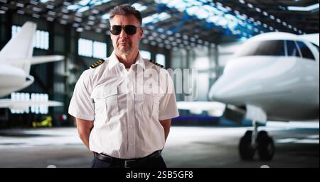 Pilote de capitaine de jet privé en uniforme. Petit avion à l'aéroport Banque D'Images