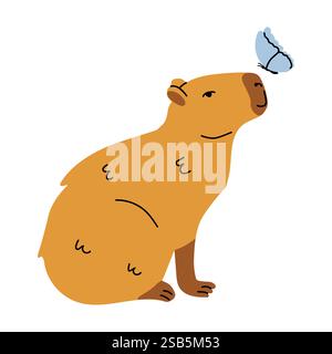 Illustration d'un capybara assis et regardant un papillon bleu. Illustration de Vecteur