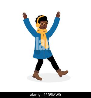 Un enfant joyeux vêtu d'un manteau bleu confortable, d'une écharpe jaune et de couvre-oreilles danse joyeusement à l'extérieur, les bras levés, capturant le frisson de l'hiver. Illustration de Vecteur