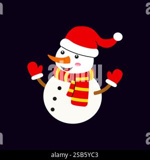 Un joyeux bonhomme de neige se tient sur un fond sombre, orné d'un chapeau rouge vif et de gants. Son foulard est rayé de couleurs jaune et rouge, embodyin Illustration de Vecteur
