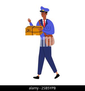 Un travailleur des postes en uniforme transporte un paquet et fait des vagues aux passants dans un quartier animé pendant la journée. Le réglage lumineux met en valeur l'ami Illustration de Vecteur