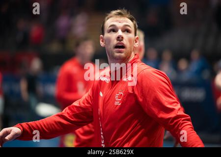 Oslo, Norvège. 31 janvier 2025. Mathias Gidsel, du Danemark, s'échauffe pour la demi-finale de la Coupe du monde de handball masculin de l'IHF 2025 entre le Danemark et le Portugal à Unity Arena à Oslo. Crédit : Gonzales photo/Alamy Live News Banque D'Images