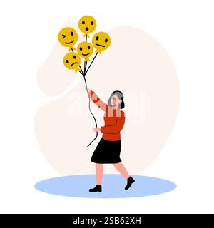 Une femme en pull rouge et jupe noire marche joyeusement, tenant des ballons aux visages expressifs différents, créant une atmosphère joyeuse. Illustration de Vecteur