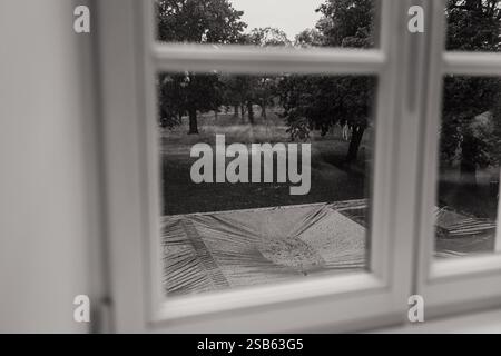 Vue à travers une fenêtre pluvieuse par une journée sombre, avec un paysage extérieur flou Banque D'Images