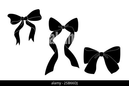 Trois noeuds en ruban noir, noués dans des styles différents, sur un fond blanc. Illustration de Vecteur
