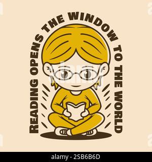Personnage mascotte chibi Bookworm lisant un livre, assis les jambes croisées avec du texte Illustration de Vecteur