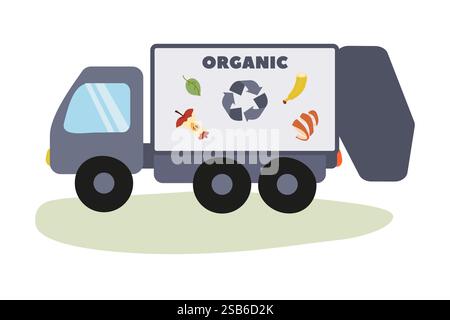 Un camion conçu pour la collecte des déchets organiques met en valeur son approche écologique. Le véhicule présente des illustrations vibrantes de fruits et de feuilles, pr Illustration de Vecteur