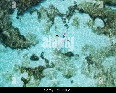 Vue aérienne d'une femme couchée dans un kayak transparent flottant au-dessus d'eaux turquoises peu profondes et claires avec du corail sous-marin visible aux Seychelles Banque D'Images