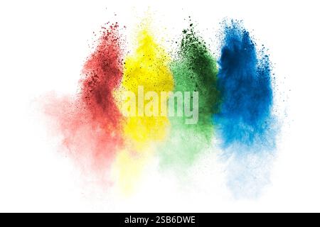 Explosion colorée de poussière poudreuse avec un arc-en-ciel de couleurs. Les couleurs sont rouge, jaune, vert et bleu Banque D'Images