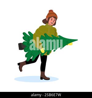 Un individu joyeux habillé chaudement est vu portant un sapin de Noël vert vif. La scène capture l'esprit de la saison des fêtes dans un envi enneigé Illustration de Vecteur