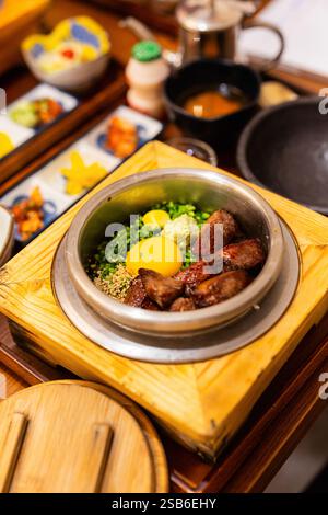 Un plat coréen magnifiquement présenté composé de bœuf saisi, de jaunes d'œufs crus, d'oignons verts hachés, de graines de sésame et de wasabi servis dans un bol chauffé Banque D'Images