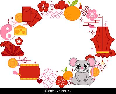 Nouvel an chinois de souris rat 2032 vecteur modèle de cadre ovale pour votre texte. CNY festival de lanterne lunaire objets connexes illustration graphique vectorielle Illustration de Vecteur
