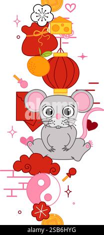 Nouvel an chinois 2032 décorations vectorielles avec rat mignon, souris, éléments de lanterne, nuages, ventilateur, motif, et fond transparent bo vertical sans couture Illustration de Vecteur