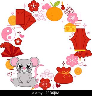 Nouvel an chinois de souris de rat 2032 vecteur graphique ligne ronde cadre circulaire. décoration de tableau de défilement de cadre de bannière de style. Nouvel an lunaire chinois, lanterne Illustration de Vecteur