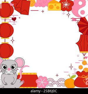 Joyeux nouvel an chinois 2032 souris rat. Modèle de cadre carré de festival de lanterne du nouvel an lunaire pour le produit de spectacle. Carte de voeux. Ligne graphique vectorielle illu Illustration de Vecteur