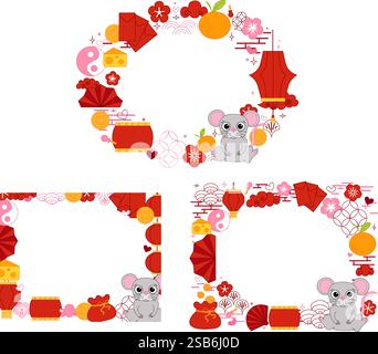 Joyeux nouvel an chinois 2032 souris rat. Ensemble de cadre ovale du nouvel an festival de lanterne lunaire pour le produit de spectacle. Vecteur ligne graphique CNY festival de lanterne lunaire Illustration de Vecteur