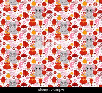 Lunar New Year 2032 souris rat vecteur Seamless Pattern. Red Lantern et Fortune Elements. CNY fond pour fonds d'écran, jeux d'arcade et décor festif Illustration de Vecteur
