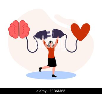 Une femme joyeuse relie le cerveau et le cœur à l'aide de bouchons, symbolisant l'harmonie entre l'intellect et l'émotion de manière créative. Illustration de Vecteur