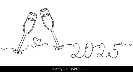 Deux coupes de champagne se battent ensemble dans un style minimaliste d'art de ligne, accompagné de l'année 2025 et d'un petit coeur, symbolisant la célébration an Illustration de Vecteur