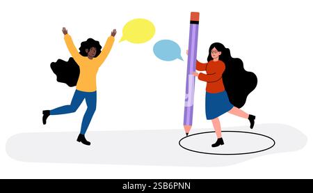 Deux amis expriment joyeusement l'excitation et la créativité dans un studio d'art, tenant des bulles de discours et un crayon géant. Illustration de Vecteur