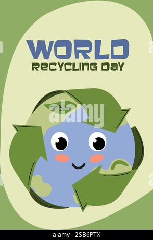 Un design ludique avec un globe souriant entouré de symboles verts de recyclage représente l'importance de la Journée mondiale du recyclage. Cette œuvre d'art encour Illustration de Vecteur