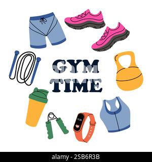 Divers articles de fitness, y compris des chaussures, des shorts, une kettlebell et une bouteille d'eau sont disposés de manière créative avec Gym Time mis en évidence, accentuzi Illustration de Vecteur