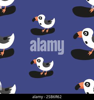 Motif fantaisiste avec des oiseaux de bande dessinée joyeux sur un fond bleu vif, idéal pour le tissu ou la décoration. Illustration de Vecteur