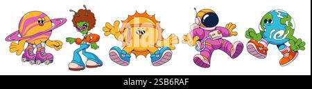 Collection Groovy Universe avec des personnages de dessins animés cosmiques. Saturne sur patins à roulettes, extraterrestre funky dans une tenue rétro, bandeau de port de soleil brillant, espace Illustration de Vecteur