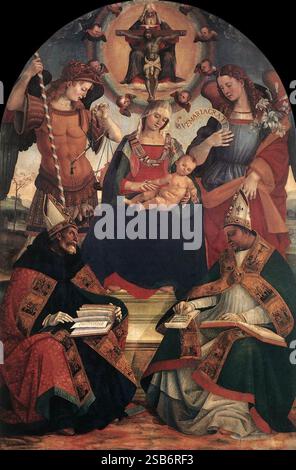 Madone et enfant avec la Sainte Trinité et deux Saints est une peinture de Luca Signorelli, de 1510, maintenant dans les Offices de Florence. C'est une sacra conversazione, avec la Vierge intronisée entre Michel et Gabriel, avec Augustin (à gauche) et Athanase (à droite) ci-dessous et la Sainte Trinité ci-dessus[1]. Banque D'Images