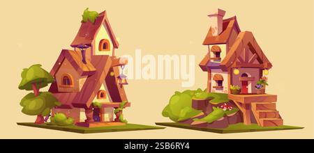 Jeu Asset plate-forme ensemble de maisons de chalet fantasy - logements en bois avec des lanternes incandescentes, des champignons et une végétation luxuriante. Structure fantaisiste de conte de fées Illustration de Vecteur