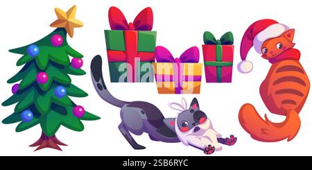 Ensemble de Noël de sapin décoré avec topper étoile, cadeaux colorés avec des arcs, chatte grise ludique avec accessoire de costume de barbe, animal de gingembre à San Illustration de Vecteur