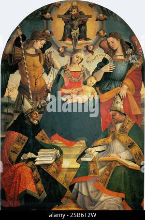 Madone et enfant avec la Sainte Trinité et deux Saints est une peinture de Luca Signorelli, de 1510, maintenant dans les Offices de Florence. C'est une sacra conversazione, avec la Vierge intronisée entre Michel et Gabriel, avec Augustin (à gauche) et Athanase (à droite) ci-dessous et la Sainte Trinité ci-dessus[1]. Banque D'Images