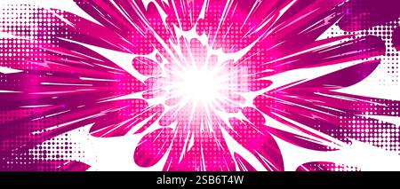 Fond d'explosion d'anime en couleur rose vif avec effet d'éclatement dynamique de bande dessinée - faisceaux radiaux puissants se propageant à partir du point central lumineux, point Illustration de Vecteur