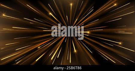Effet de lumière rapide avec des lignes radiales dorées brillantes et des particules brillantes éclatant du centre sur fond sombre pour tunnel de science-fiction, hyperspa Illustration de Vecteur