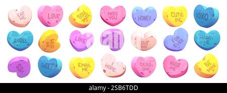 Collection de cœurs de bonbons colorés avec des messages romantiques gravés sur la surface. Friandises sucrées multicolores pour la saint-valentin. Sucré conversation confections Wit Illustration de Vecteur