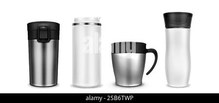 Maquettes de tasse de gobelet 3D ensemble isolé sur fond blanc. Illustration réaliste vectorielle de tasse thermo en acier inoxydable avec couvercle en plastique noir, bot vierge Illustration de Vecteur