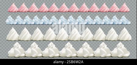 Motifs de bordure 3d crème fouettée - tourbillons de meringue rose, bleu et blanc disposés en rangées. Éléments de glaçage décoratifs réalistes avec différentes formes Illustration de Vecteur
