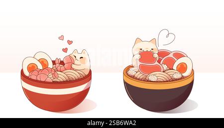 Chats mignons appréciant des bols ramen illustration - chatons ludiques assis parmi les nouilles, les œufs, les crevettes et la viande. Animaux de compagnie de dessins animés jetant un coup d'œil sur le Japa traditionnel Illustration de Vecteur