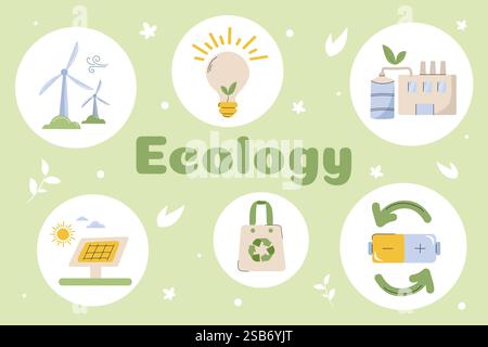 Les symboles représentent divers aspects de l'écologie, y compris les sources d'énergie renouvelables, le recyclage et les initiatives de durabilité dans un design simple. Illustration de Vecteur
